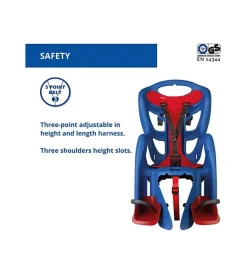 Seggiolino posteriore blu per bicicletta per bambini, max. 22 kg, da 3 a 8 anni - si fissa al portapacchi><noscript><img width=