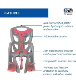 Seggiolino posteriore grigio scuro e rosso per bicicletta per bambini, max. 22 kg, da 3 a 8 anni - si fissa al portapacchi><noscript><img width=